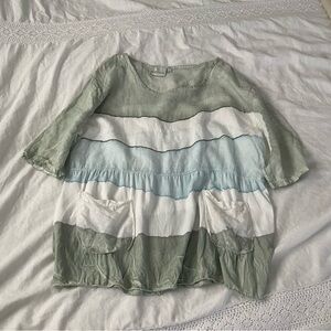 belle france LARGE short sleeve Blue green 100% linen tie dye blouse top Italy